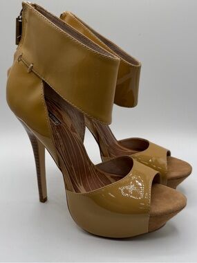 Matiko Patent Platform Heels Tan Open Toe Stiletto Ankle 5.5” US Size 7.5
